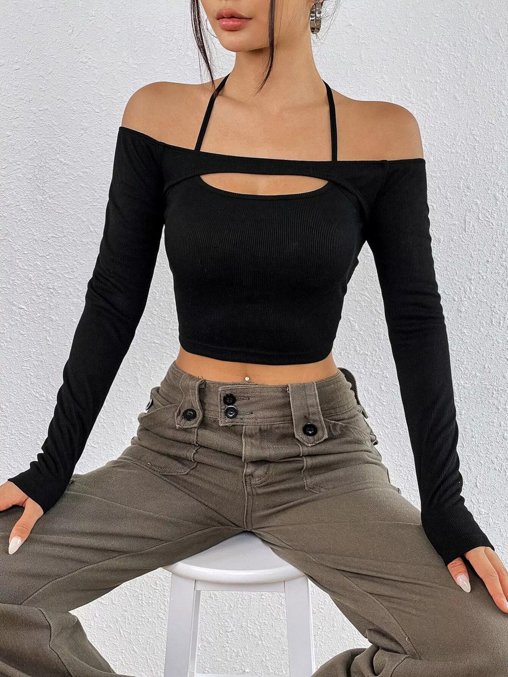ZARA Off Shoulder Slim Fit Short Long Sleeve Cutout AmericanStyle Top